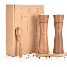 figg Salt and Pepper Grinder Wood Large (20 cm) - Set - Spice Grinder with Ceramic Grinder including Wooden Spoon and Wooden Coaster - Suitable as Pepper and Salt Grinder