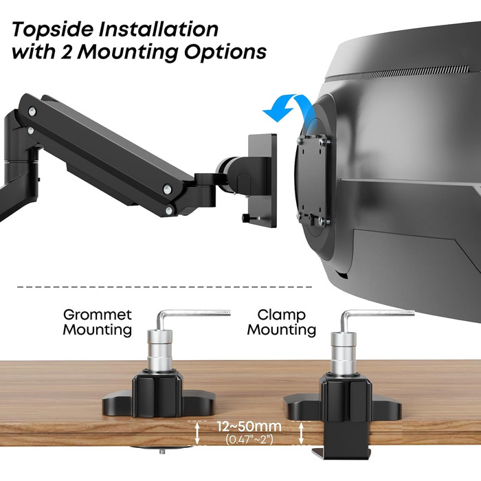Кріплення для монітора - підставка для 1 монітора, 17-49 дюймів, плоский/вигнутий екран, чорний, газ-амортизатор, регулювання висоти, VESA 75x75/100x100, 2-20 кг