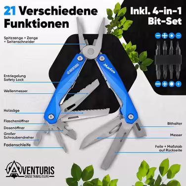 AVENTURIS® Multitool. Great multifunctional tool as bicycle accessory or outdoor gear, a multitool tool as men's gifts or Leatherman multitool green (Personalized, Blue)