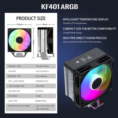 Система охолодження CPU TZMRIT KF401 DGT з дисплеєм, 12 см, 1600 RPM, 4-pin PWM вентилятор для Intel LGA 1700/1200/115X/1851 та AM4/AM5