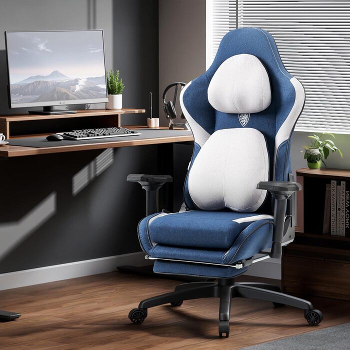 Dowinx Геймінговий крісло, дихаючий офісний стілець з високоякісного матеріалу, ергономічний PC стілець з 4D підлокітниками, регульований та поворотний геймінговий стілець з підніжкою, блакитний