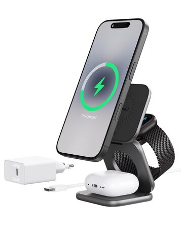 Бездротова зарядка 3-в-1 KU XIU X40 Turbo Qi2.2 25W для iPhone 15/14/13/12, Apple Watch, AirPods, з адаптером GaN 45W, сіра