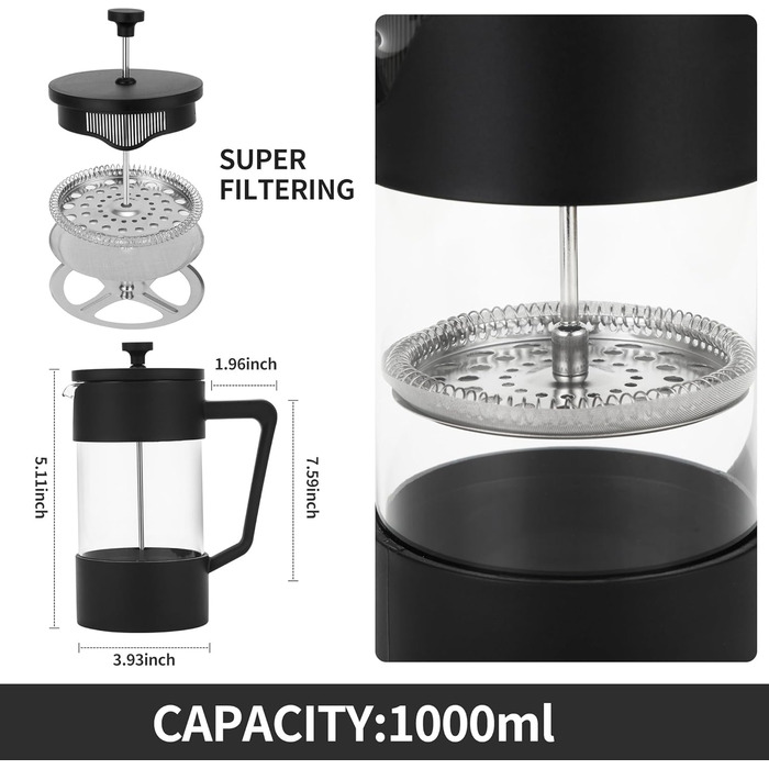 Френч-прес для кави 1000 мл, з нержавіючою сталлю, для приготування кави та чаю, з неслизькими ручками, для подорожей та як подарунок (Чорний)