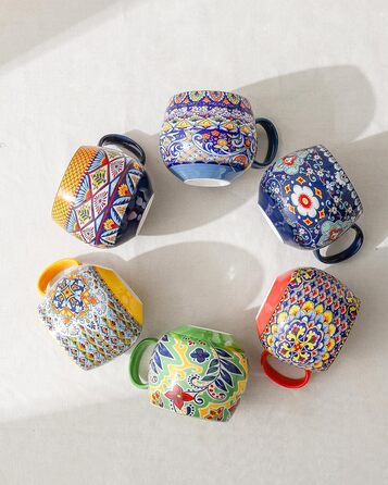 HENXFEN Cappuccino Cup Set, 600ml Porcelain Coffee Cups with Handle, Set of 6 Porcelain Cups for Tea, Coffee, Milk, Cappuccino with Pattern and Colorful - Bohemian Style