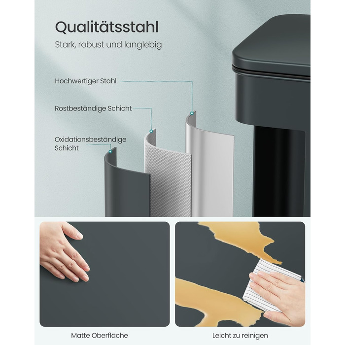 Відро для сміття SONGMICS 40 л з педаллю, сталеве, Softclose, сірий антрацит, з мішками (LTB540A02)