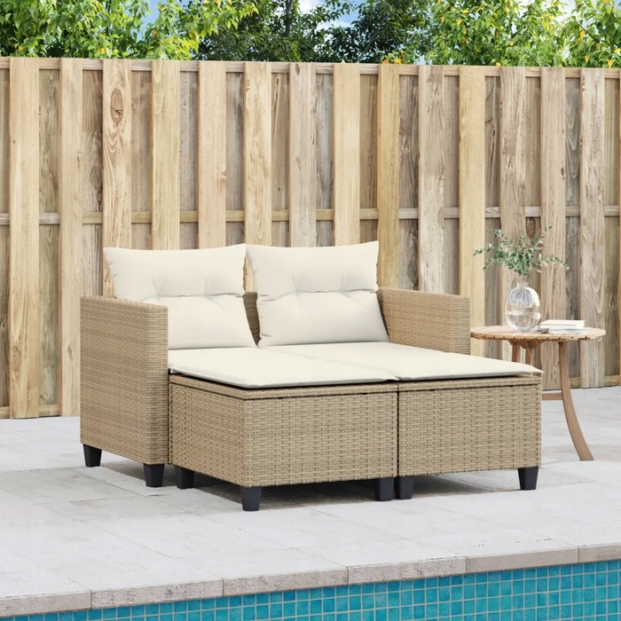 Садовий диван на 2 особи з пуфами, бежевий, техноротанг (PE)