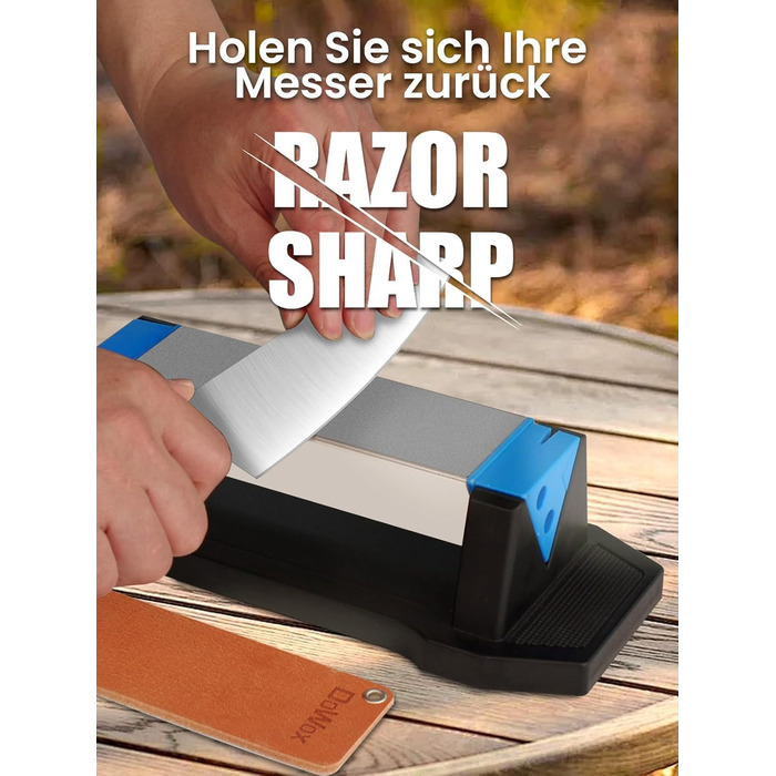 Набір точильних каменів 3-ох сторін, з бруском для заточування, 400/1000/5000 гріт, з нековзною підкладкою, кутовою наставкою та шкіряним ремінцем (діамантовий камінь блакитний)