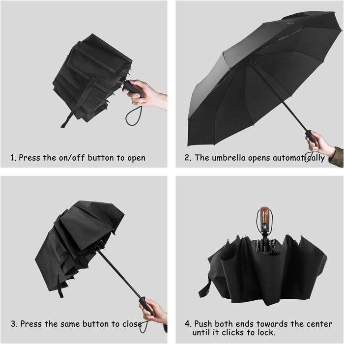Зонт Kastewill: жіночий та чоловічий, компактний, штормостійкий, автоматичний, з 10-ю металевою основою, тефлонове покриття, чорний