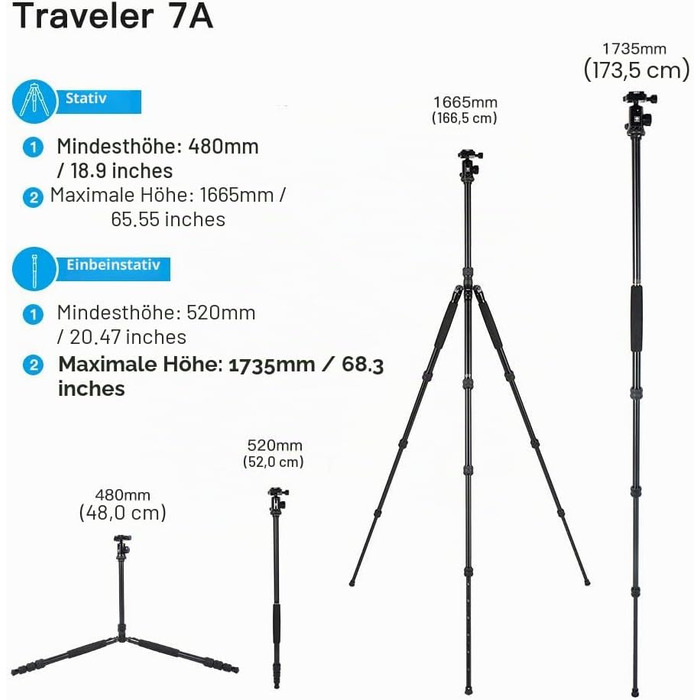 Алюмінієвий штатив SIRUI Traveler 7A з панорамною кульковою головою та підтримкою Arca Swiss, висота 164 см, навантаження 10 кг