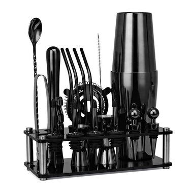 Набір для коктейлів Hansum, 20 предметів, нержавіюча сталь, чорний – професійний барменський набір зі стійкою