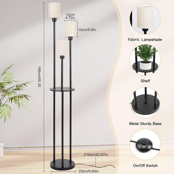 Стійка лампа Winverty для вітальні з полицею, 3 лампи, вінтажний стиль, чорний колір