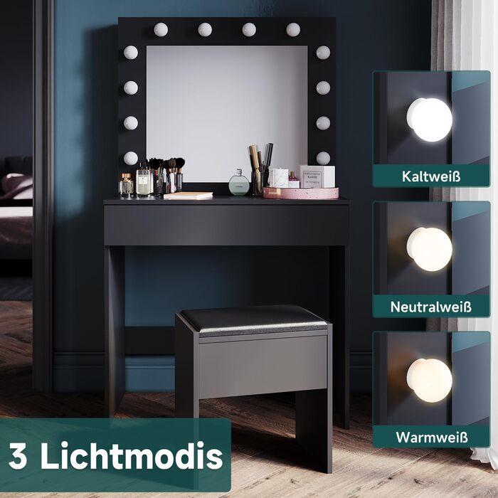 Туалетний столик SONNI з LED-підсвіткою, дзеркалом HD, 3 кольори, 10 рівнів яскравості, з шухлядами, чорний, 80x40x140 см – косметичний стіл для спальні