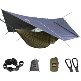 Гамак для кемпінгу з москітною сіткою та тентом від дощу, двомісний, 210T нейлон, водонепроникний комплект для піших прогулянок (зелений)