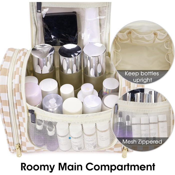 Сумка для туалетних аксесуарів для жінок та чоловіків, накидна, косметичка (блакитне листя, світло-коричнева сітка)