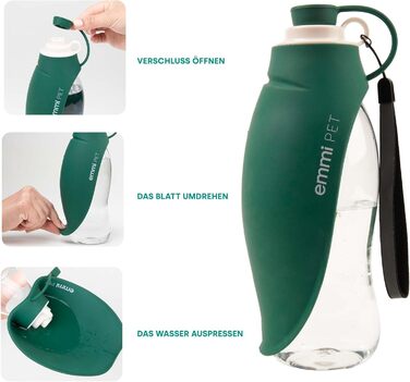 Турбувачка для собак Emmi-pet 600 мл з контейнером для корму 150 мл – портативна пляшка для води та їжі для собак, ідеальна для подорожей, прогулянок та активного відпочинку. Гігієнічна, легка в очищенні. Аксесуар для собак. Зелений колір, 580 мл