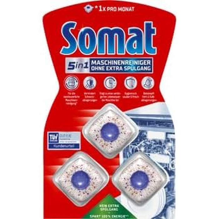 Очищувач для посудомийних машин SOMAT 5in1 Anti-Kalk, засоби для щомісячного чищення та догляду за технікою, 6 упаковок по 3 таблетки (всього 18 шт)