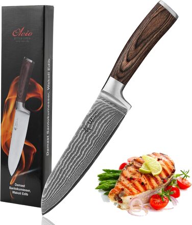 Ніж Santoku Wakoli EDIB Damast I 17 см, лезо з 67 шарів з VG10-сталі, з ручкою з паккавуду. Професійний кухонний ніж з дамаської сталі в подарунковій коробці, без гравіювання.