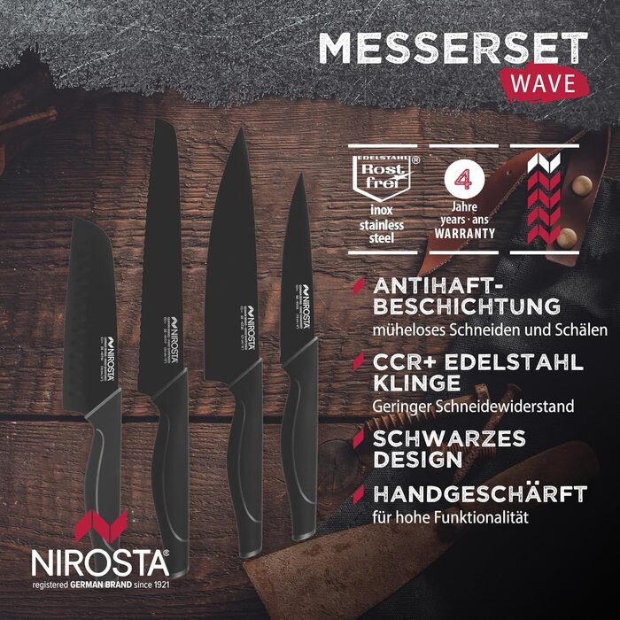 Nirosta Wave Knife Set, Various knives with a functional part made of high-quality stainless steel, premium knives with soft-touch handle, high-quality knives for every occasion (Color: Black), Quantity: 1x 4-piece set