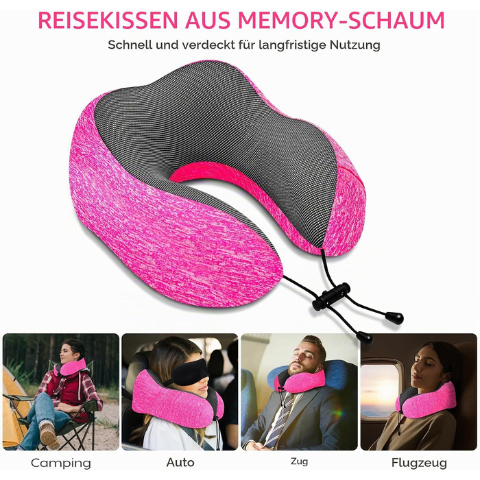 Подушка для подорожей під шию з ефектом пам'яті (Memory Foam) для літака, авто та офісу, з 3D-маскою для сну та берушами, рожева