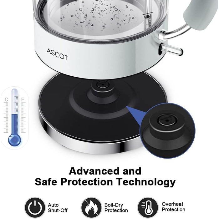 Електричний чайник ASCOT з боросилікатного скла, 2200W, 1.5L, без BPA, тихий, з функцією захисту від сухого кипіння та автоматичним вимкненням, білий