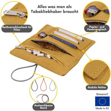Simaru Tobacco Pouch made of high-quality genuine leather for 30g tobacco pouches, genuine leather rolling pouch/rolling tobacco pouch including a filter compartment and pellet holder (Amber)