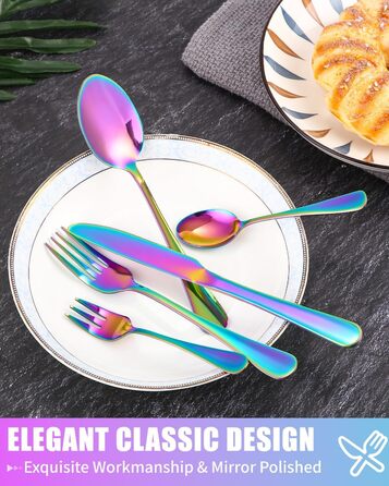 Набір столових приборів на 12 осіб, 60 предметів, чорний, з нержавіючої сталі, з високим блиском, придатний для миття в посудомийній машині, елегантний, з ножем, виделкою, ложкою, для дому, вечірки, ресторану