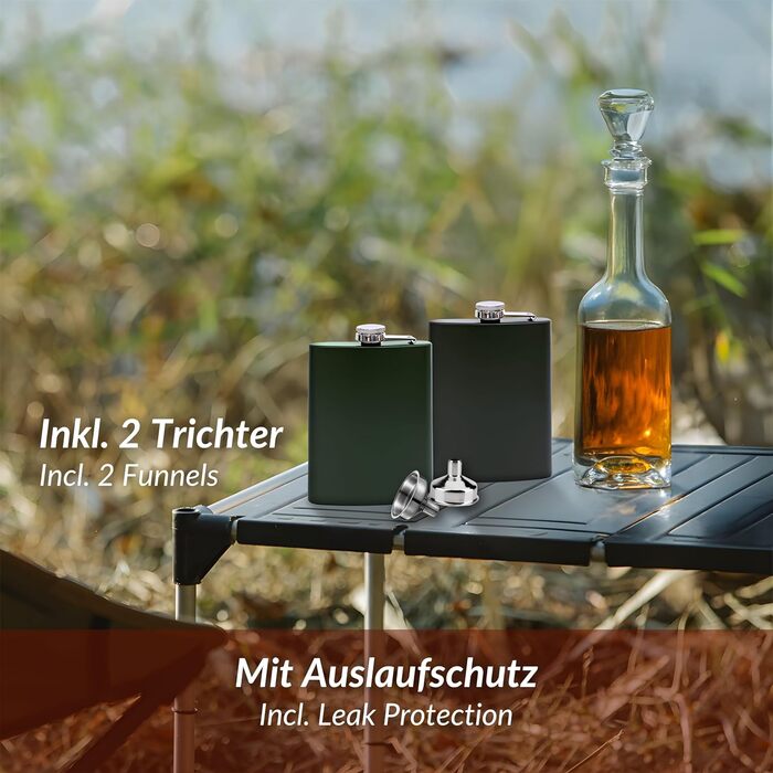 Набір з 2 флаконів з нержавіючої сталі (8oz/227ml) з воронкою - чорний/зелений - мілітарі дизайн - для алкоголю