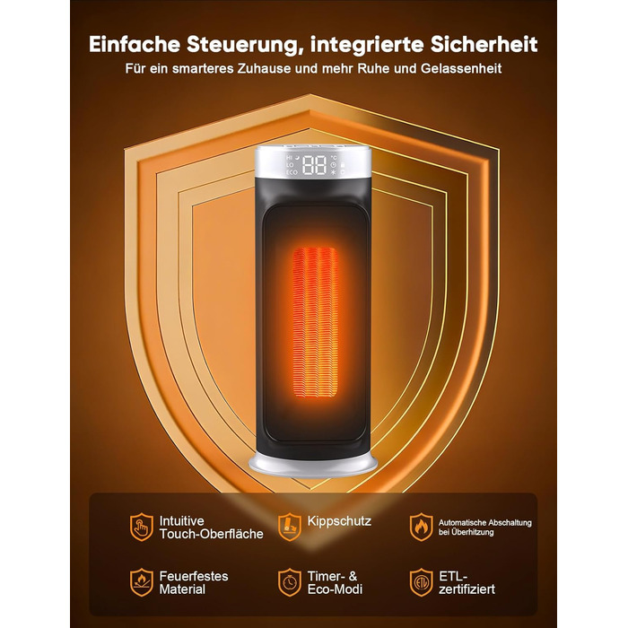 Електричний обігрівач PTC 1800W з пульт дистанційного керування, портативний нагрівач для дому та офісу, керамічний обігрівач з осциляцією 75°, таймером 24 години, 5 режимів, срігано-сірий колір
