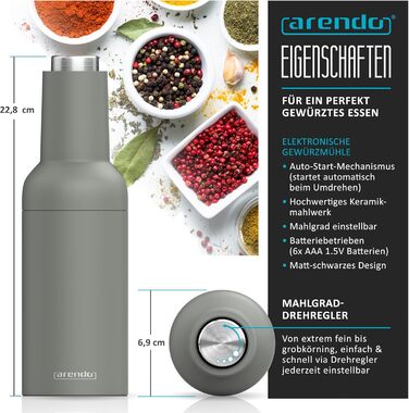 Arendo - Electric Salt and Pepper Grinder Set - 2 Piece - One-Handed Operation - Grinds Automatically When Tipped - Salt and Pepper Dispenser - Spice Grinder with Ceramic Grinding Mechanism - Grind Settings Infinitely Adjustable