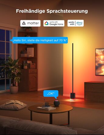 Govee LED торшер RGBIC з димуванням, 1725LM, для вітальні та роботи, сумісний з Matter, 152 см, чорний, 16 мільйонів кольорів, режими сцен, музичний режим для декору спальні, ігрової кімнати