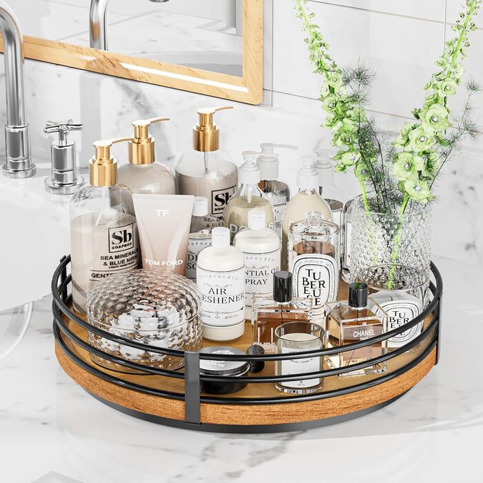 Wooden Lazy Susan Turntable Organizer, round, for cabinet, kitchen, countertop, pantry, dining table, bathroom, cafe, bar, spice storage, home decor