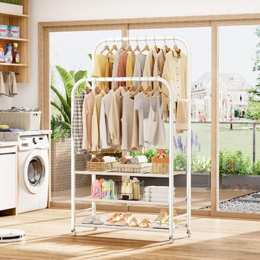 Вішалка для одягу HOMIDEC з 3 полицями, подвійна штанга на колесах, металевий каркас, біла - до 80 кг