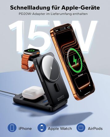 Magsafe зарядна станція 3-в-1 для Apple Watch та iPhone (чорна) – швидка зарядка, адаптер 20W