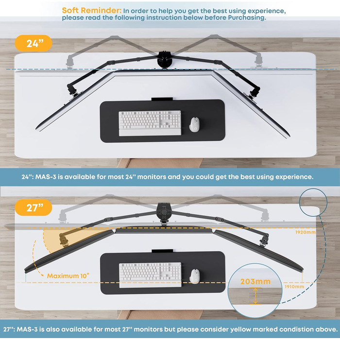 Тримач для монітора PUTORSEN на стіл для 13'-27' LCD/LED моніторів, 7 кг/монітор, регульований (180° нахил, 360° поворот, регулювання висоти), білий (чорний, білий)