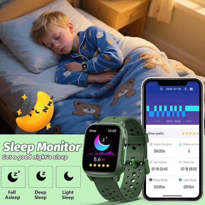 Дитячий розумний годинник Kinder з 140 спортивними режимами, фітнес-трекер, вимірювання пульсу, ігри-головоломки, IP68 вологозахист, без використання додатку/телефону, подарунок для хлопчиків-підлітків 6-15 років, зелений