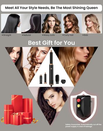 Набір для укладки волосся 6 в 1: фен-щітка, плойка, негайні іони, 110000 обертів, регулювання температури, тиха робота (чорний)