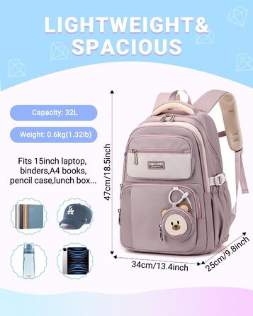 Дитячий рюкзак для дівчинки Kinderrucksack 32L, 2-10 клас, легкий, з дихаючою спинкою та м'якими лямками, для школи, 8+ років, фіолетовий