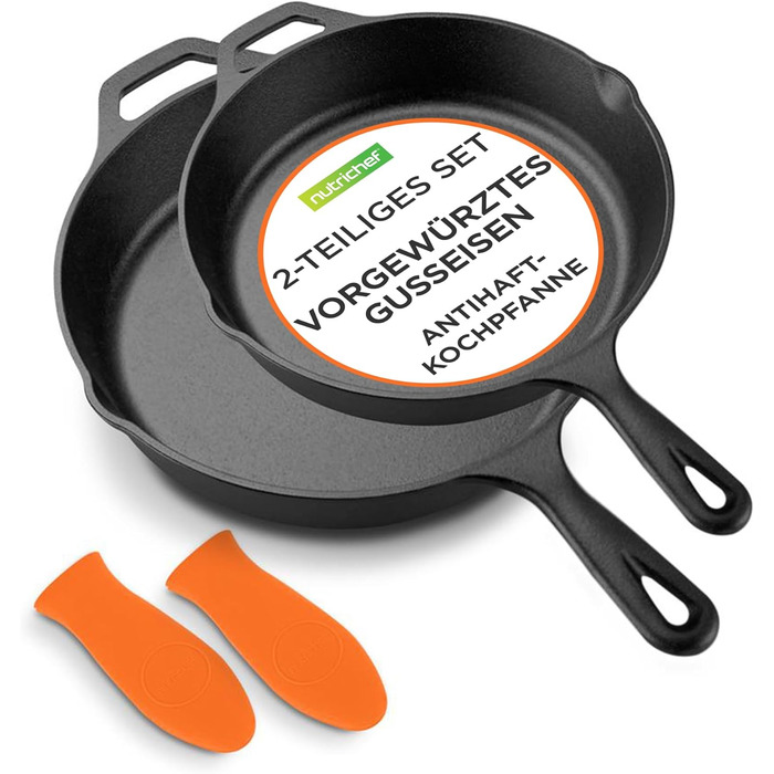 Сковорода NutriChef з кришкою 30 см, чавунна антипригарна, з ергономічною силіконовою ручкою, високим бортом, для індукції, кераміки, газу та електро, PFOA/PFOS-free, набір 2 предмети
