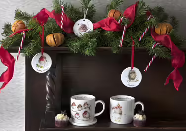 Чашка та підставка Royal Worcester Wrendale 'Family Christmas' з пташками, кольорова, подарунковий набір для сімейного Різдва