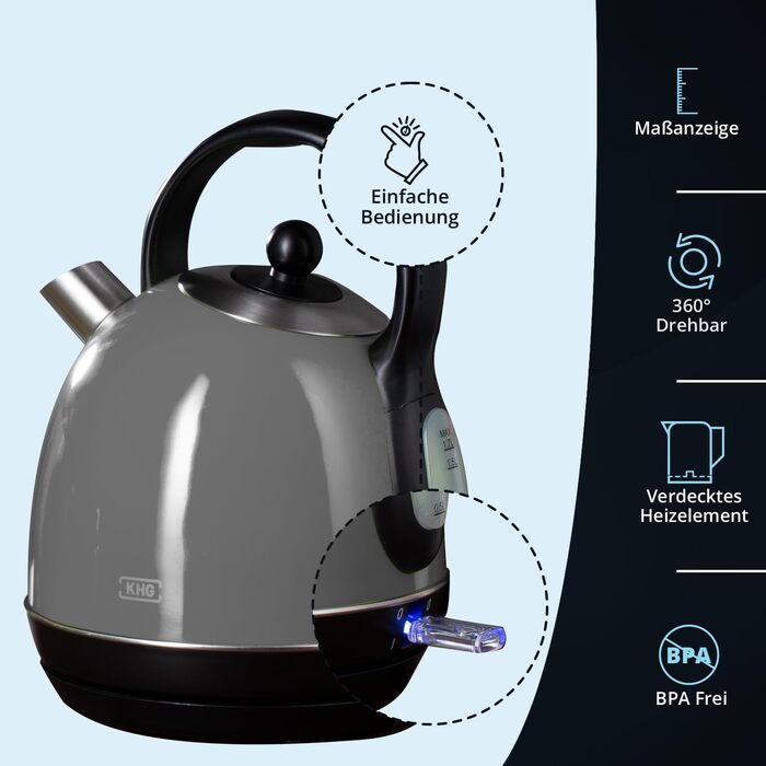 Електричний чайник KHG WK-1711 Retro, зелений, 1.7 л, нержавіюча сталь, з фільтром від накипу, індикатором рівня води, захистом від сухого кипіння та автоматичним вимкненням, прихований нагрівальний елемент, BPA-free, 2200 Вт