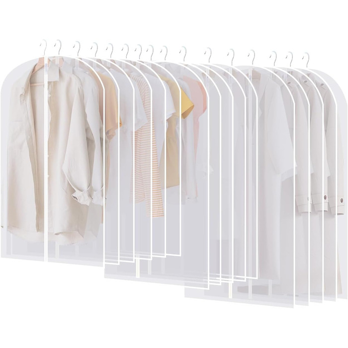 16 шт. мішки для одягу, великі, середні та короткі, 60 x 120/100/80 см, з блискавкою, прозорі, для костюмів, пальто, суконь, сорочок, зберігання, захисні чохли (білий)