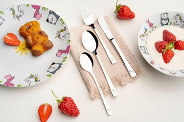 Набір дитячого столового прибору LEONARDO HOME Bambini Avventura 4-piece - нержавіюча сталь, миюча в посудомийній машині, з зображеннями панди, єдинорога, фламінго, з можливістю гравіювання