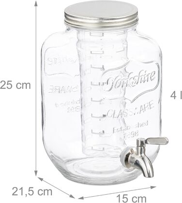 Диспенсер для напоїв Relaxdays з вставкою для фруктів, 4 л, кран та кришка, глечик, скло, метал, прозорий