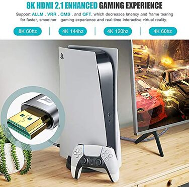 Кабель HDMI 2.1 AviBrex 8K Ultra HD 48Gbps: підтримка 8K@60Hz, 4K@240Hz, HDCP2.3, eARC, HDR10+, VRR, сумісний з PS5/4/3, для ігор, ТВ, Blu-ray, проектора (7.5м, сірий)