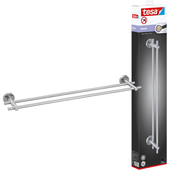 tesa Moon Double Towel Rail, Chrome - Towel Holder with 2 Bars - for Wall Mounting without Drilling, incl. Adhesive Solution - 640mm x 49mm x 115mm