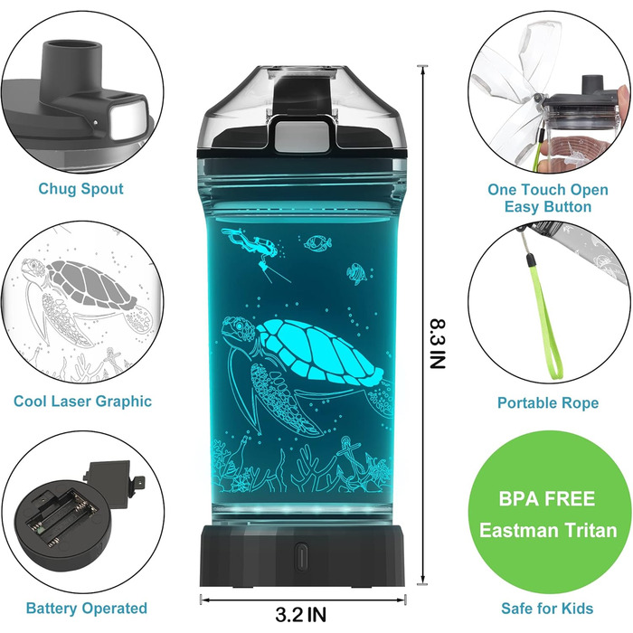 Kids' Water Bottle with 3D Glowing Turtle, LED Light – Tritan, BPA-Free, Creative, Ideal as a Travel Mug, Gift for Starting School, Girls, Boys, Picnic (Sea Turtle, 400 ml)