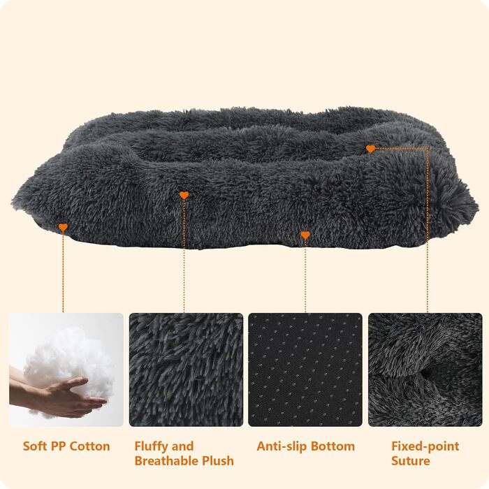 Dog Bed, Fluffy Dog Mats, Longer Plush Dog Cushion, Washable, Non-Slip Bottom, 110 cm for Medium and Large Dogs, (L 90 x W 60 x H 10 cm, Dark Grey)