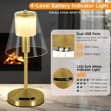 OUTON Бездротова настільна лампа Gold – LED лампа з торканням, регулювання яскравості, 3 режими кольору (3000K–6000K), акумулятор 4000mAh, USB-C, до 120 годин роботи, пам'ять, для спальні, бару та декору, золота