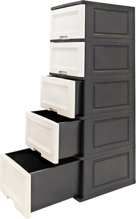 Chest of drawers 44x50x127 cm with 5 large XXL drawers, 40 liters per drawer, featuring fronts in beautiful candy colors and a modern look. Made from recyclable PP plastic (Black / White, Pine) for the environment.
