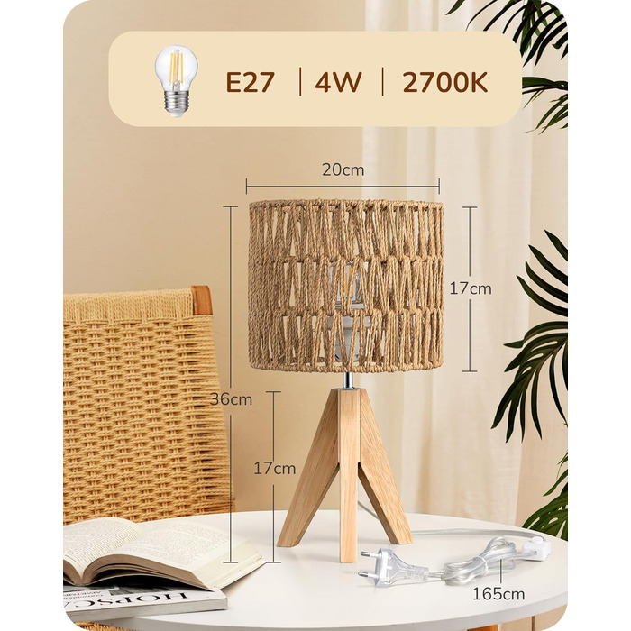 LED настільна лампа EDISHINE з абажуром з ручної роботи, дерев'яною ніжкою, тепле світло 2700K, бохо-стиль, для спальні, вітальні, готелю, з лампочкою E27 4W